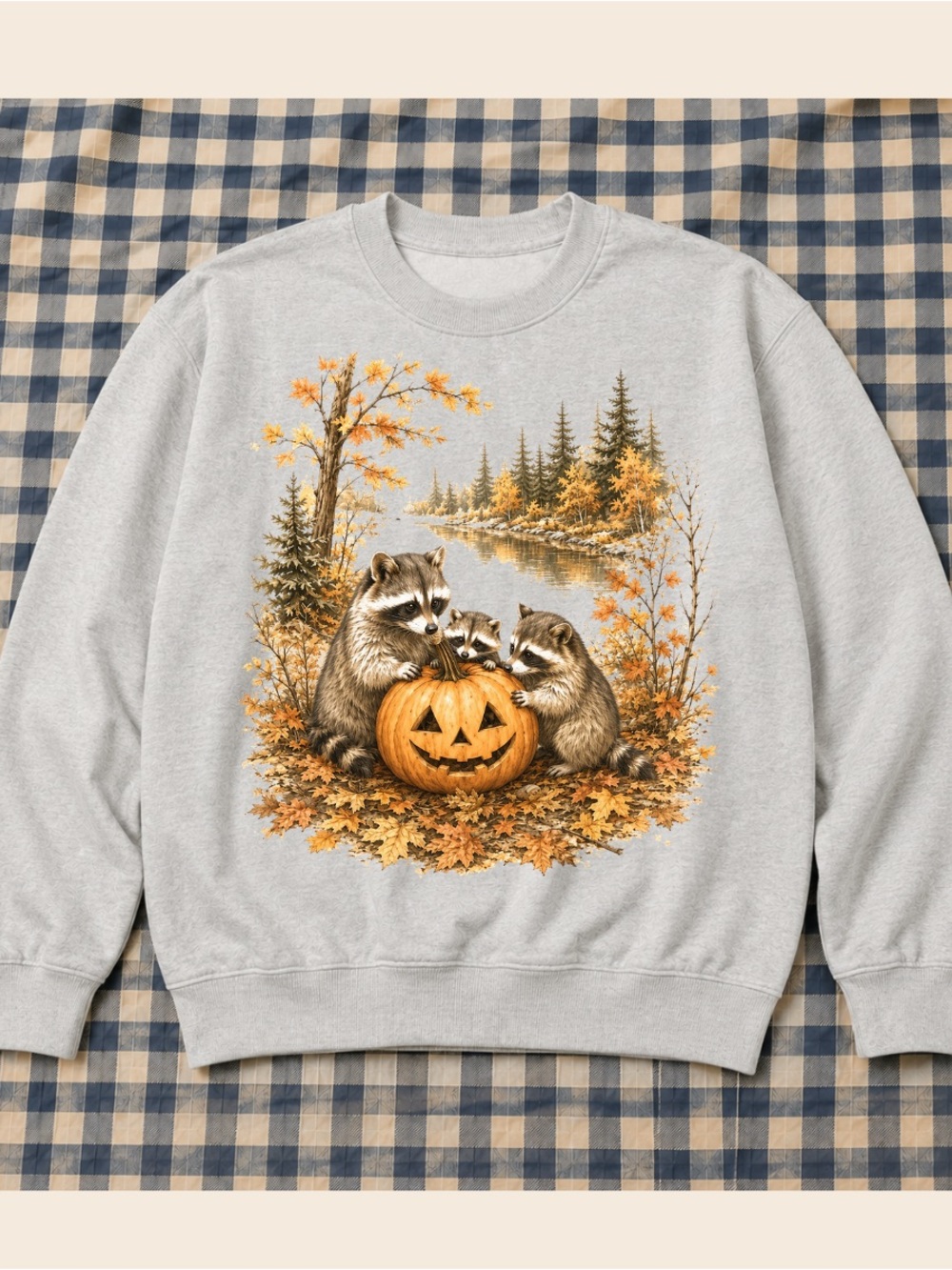 Gildan Light Gray Raccoons & Pumpkin Graphic Sweatshirt, Vintage Casual Style